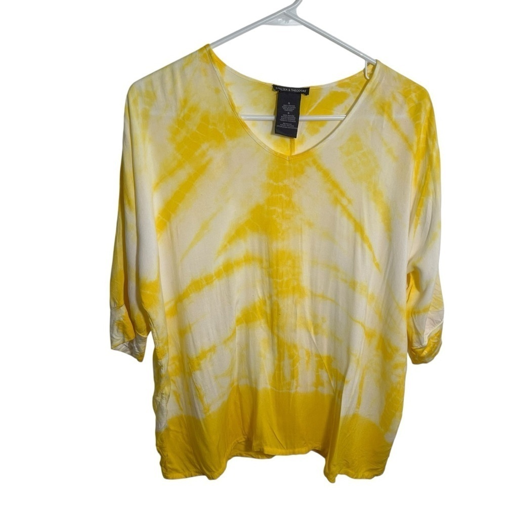 Chelsea & Theodore Women's Size Small‎ Blouse V-Neck Yellow White Tie Dye Dolman